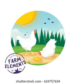 Farm cartoon chicken vector illustration. Farmer Eco design chiken label icon with background of sunny landscape, green glade with forest. Isolated farm animal icon. Village, countryside theme