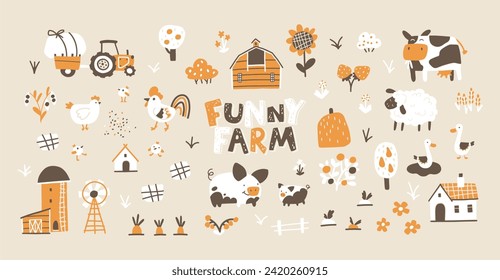 Colección de dibujos animados de granjas. Personajes vectores hechos a mano de animales domésticos, campo, casas y cobertizos con tractor y jardín. Doodle de moda estilo escandinavo, paleta beige neutra de género