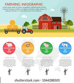 Farm cartoon flat infographic background with barn, animals, tools, tractor.