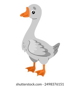 Farm cartoon goose. Colored cute farm bird. Vector colorful illustration isolated on white background.