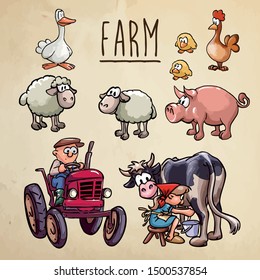 Farm cartoon illustration - farmer driving a tractor, a peasant woman milking cow and farm animals (hen, chickens, sheep, goose and pig) - isolated, vector