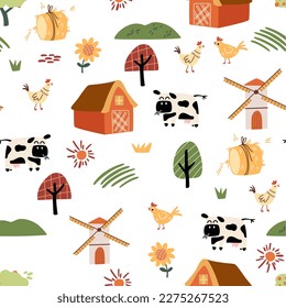 Farm cartoon seamless pattern. Funny domestic animals, countryside, houses and sheds with tractor and garden. Perfect for wrapping paper, fabric, textile, wallpaper, home decor. Vector illustration