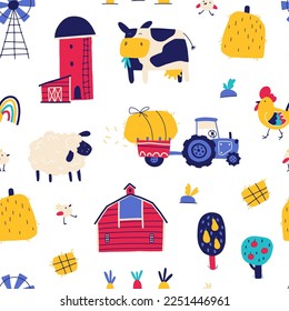 Farm cartoon seamless pattern. Vector funny hand-drawn characters of domestic animals, countryside, houses and sheds with tractor and garden. Trendy doodle style, bright palette