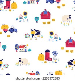 Farm cartoon seamless pattern. Vector funny hand-drawn characters of domestic animals, countryside, houses and sheds with tractor and garden. Trendy doodle style, bright palette