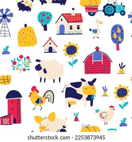 Farm cartoon seamless pattern. Vector funny hand-drawn characters of domestic animals, countryside, houses and sheds with tractor and garden. Trendy doodle style, bright palette