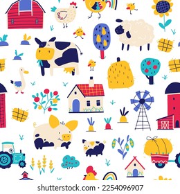 Farm cartoon seamless pattern. Vector funny hand-drawn characters of domestic animals, countryside, houses and sheds with tractor and garden. Trendy doodle style, bright palette