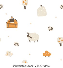 Farm cartoon seamless pattern. Vector funny hand-drawn characters. Cute sheep are grazing in a farm field with hay. Trendy doodle Scandinavian style, beige neutral palette