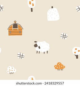 Farm cartoon seamless pattern. Vector funny hand-drawn characters. Cute sheep are grazing in a farm field with hay. Trendy doodle Scandinavian style, beige neutral palette