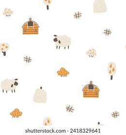 Farm cartoon seamless pattern. Vector funny hand-drawn characters. Cute sheep are grazing in a farm field with hay. Trendy doodle Scandinavian style, beige neutral palette