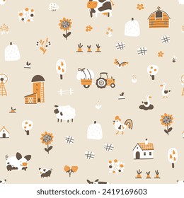 Dibujo de granja sin costura. Personajes vectoriales dibujados a mano de animales domésticos, campo, casas y cobertizos con un jardín de tractores. Doodle de moda estilo escandinavo, paleta beige neutra de género