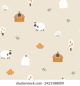 Farm cartoon seamless pattern. Vector funny hand-drawn characters. Cute sheep are grazing in a farm field with hay. Trendy doodle Scandinavian style, beige neutral palette