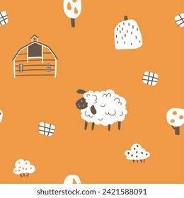 Farm cartoon seamless pattern. Vector funny hand-drawn characters. Cute sheep are grazing in a farm field with hay. Trendy doodle Scandinavian style, beige neutral palette