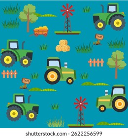 Farm cartoon seamless pattern. Vector funny hand-drawn characters of domestic animals, countryside, houses and sheds with tractor and garden. Trendy doodle Scandinavian style, beige neutral palette