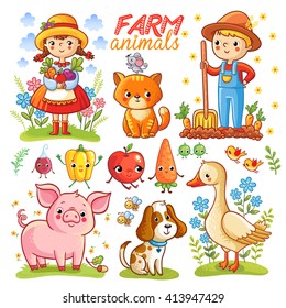 Farm cartoon set with farm animals, vegetables and characters. Boy, girl, pig, goose, cat, dog, carrot, apple, radish, pepper isolated on white background. Vector illustration.