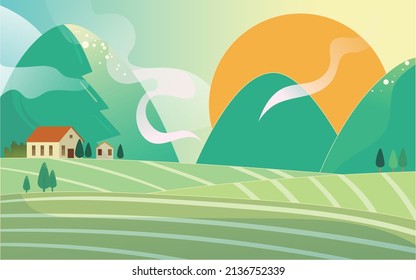 Granja con ganado en primavera con montañas y casas en el fondo, ilustración vectorial