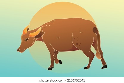 Farm with cattle in spring with mountains and houses in the background, vector illustration