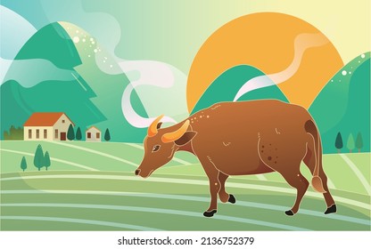 Farm with cattle in spring with mountains and houses in the background, vector illustration