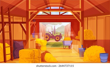Farm central building for storing equipment and hay. Vector isolated cartoon interior of housing with stocks of straw. Wooden barn with open doors and stalls for horses or other animal