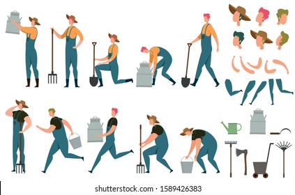 Farm Character and Inventory Items, Flat Banner. Man Stands with Tank, Farmer Holds Villas, Guy Stands on one Knee with Shovel, Character Runs with Bucket and Hurries to Bring Can.