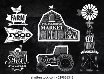 Farm Characters In Vintage Style Lettering In Tractor Barn, Mill, Sign Field Stylized Drawing With Chalk On Chalkboard Background.