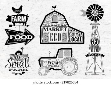 Farm Characters In Vintage Style Lettering In Tractor Barn, Mill, Sign Field Stylized Drawing With Coal On Dirty Paper Background.