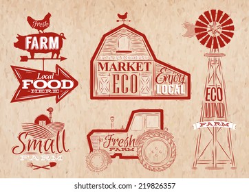 Farm Characters In Vintage Style Lettering In Tractor Barn, Mill, Sign Field Stylized Drawing In Red Color On Kraft