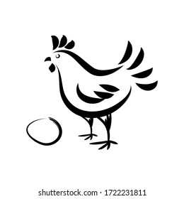 Farm chicken and egg. Black and white hand drawn vector illustration isolated on a white background.