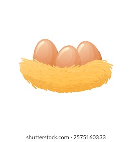 Farm chicken eggs in nest in flat design. Vector illustration isolated.