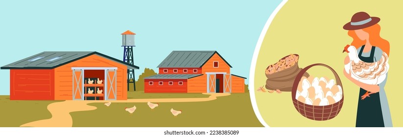 Farm chicken, girl holding chicken, basket eggs, poultry farm buildings countryside , design, cartoon style vector illustration.