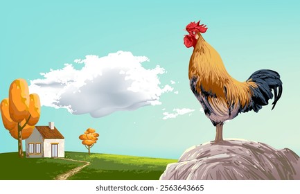 Farm and chicken rooster hen at landscape view background vector illustration. Agriculture harvest and farming theme design.