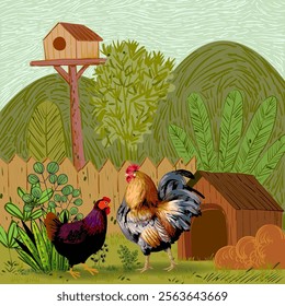 Farm and chicken rooster hen at landscape view background vector illustration. Agriculture harvest and farming theme design.