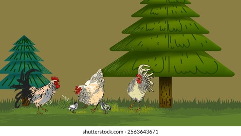 Farm and chicken rooster hen at landscape view background vector illustration. Agriculture harvest and farming theme design.