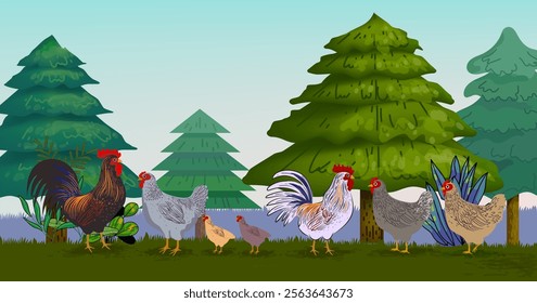 Farm and chicken rooster hen at landscape view background vector illustration. Agriculture harvest and farming theme design.