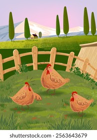 Farm and chicken rooster hen at landscape view background vector illustration. Agriculture harvest and farming theme design.