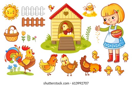 Farm chicken scene. Vector set  with chicken and girl. The child feeds the hens and chickens. Children's cartoon style. 