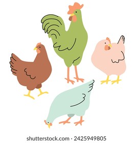 Farm chickens cartoon collection.Hens and rooster isolated on white background.Cute animals set for use in card,banner,flyer,sticker,pattern.Colored print on fabric and paper.Vector flat illustration.