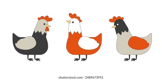 Farm chickens group 2D linear cartoon characters set. Poultry husbandry habitats isolated line vector animals white background. Agricultural industry color flat spot illustrations collection