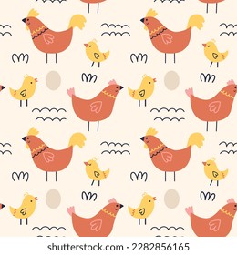 Farm chickens roosters chickens eggs pattern. Spring seamless background for print, textile, wrapping paper, fabric. Flat surface design