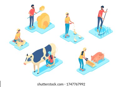 Farm chores isometric vector illustrations set. Farmers, ranchers 3D cartoon characters. Women milking cow, shearing sheep, feeding livestock. Men mowing and making haystack. Agriculture, husbandry