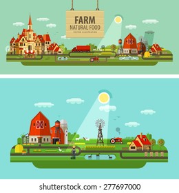 Farm and city. Set of elements - tractor, farmer, barn, truck, house, building, hay, harvest, windy mill, animals, honey, lake, tree, shop, fruit and vegetables