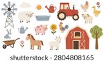 Farm clipart set featuring a red barn, agricultural tractor, and windmill isolated on a white background. Includes domestic animals such as a horse, pig, sheep, goat, rabbit, rooster, hen, and duck. Extra elements show a wheelbarrow, watering cans, sunflower, tree, water trough, sun, and cloud in a modern Scandinavian folk style.