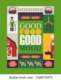 Farm collage, vector illustration. Set of flat style icons and farmstead stickers in colorful typographic poster. Phrase good food good mood. Organic healthy products from local farmer, flyer template