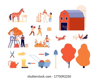 Farm collection. Animals, farmers harvesting garden. Isolated rural ranch elements, autumn agriculture fields. Plants, adults and children gardening or farming vector illustration