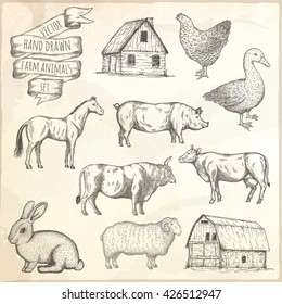 Farm collection. Bull, hen, duck, pig, horse, ram, rabbit, cow, salmon. Hand drawn isolated illustrations.