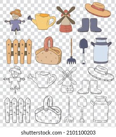Farm collection set hand drawn. Doodle Vector style symbols and objects.