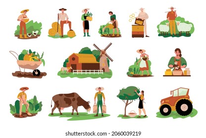 Farm Color Set With Agriculture And Dairy Symbols Isolated Vector Illustration