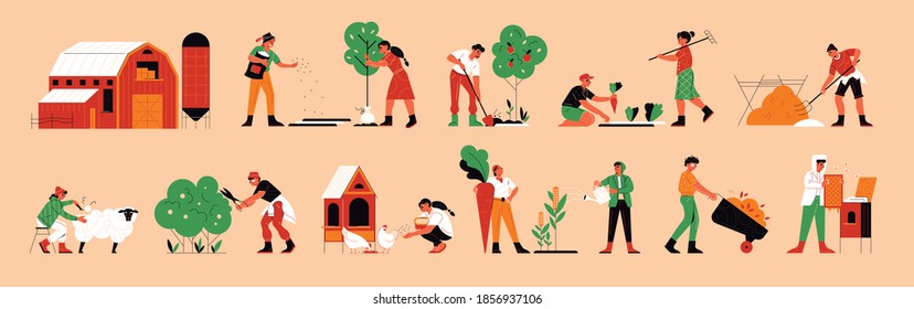 Farm color set with isolated human characters and icons of gardening plants and tools with buildings vector illustration