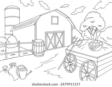 Farm coloring graphic black white landscape sketch illustration vector 