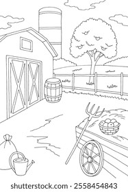 Farm coloring graphic black white landscape sketch vertical illustration vector 