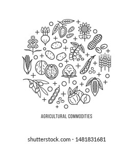 Farm Commodities Concept Background. Vegetable Origin Linear Icons. Main Plant Products Of The Agro-industrial Complex. Coffee, Nuts, Cocoa, Legumes, Oil, Grain, Cotton